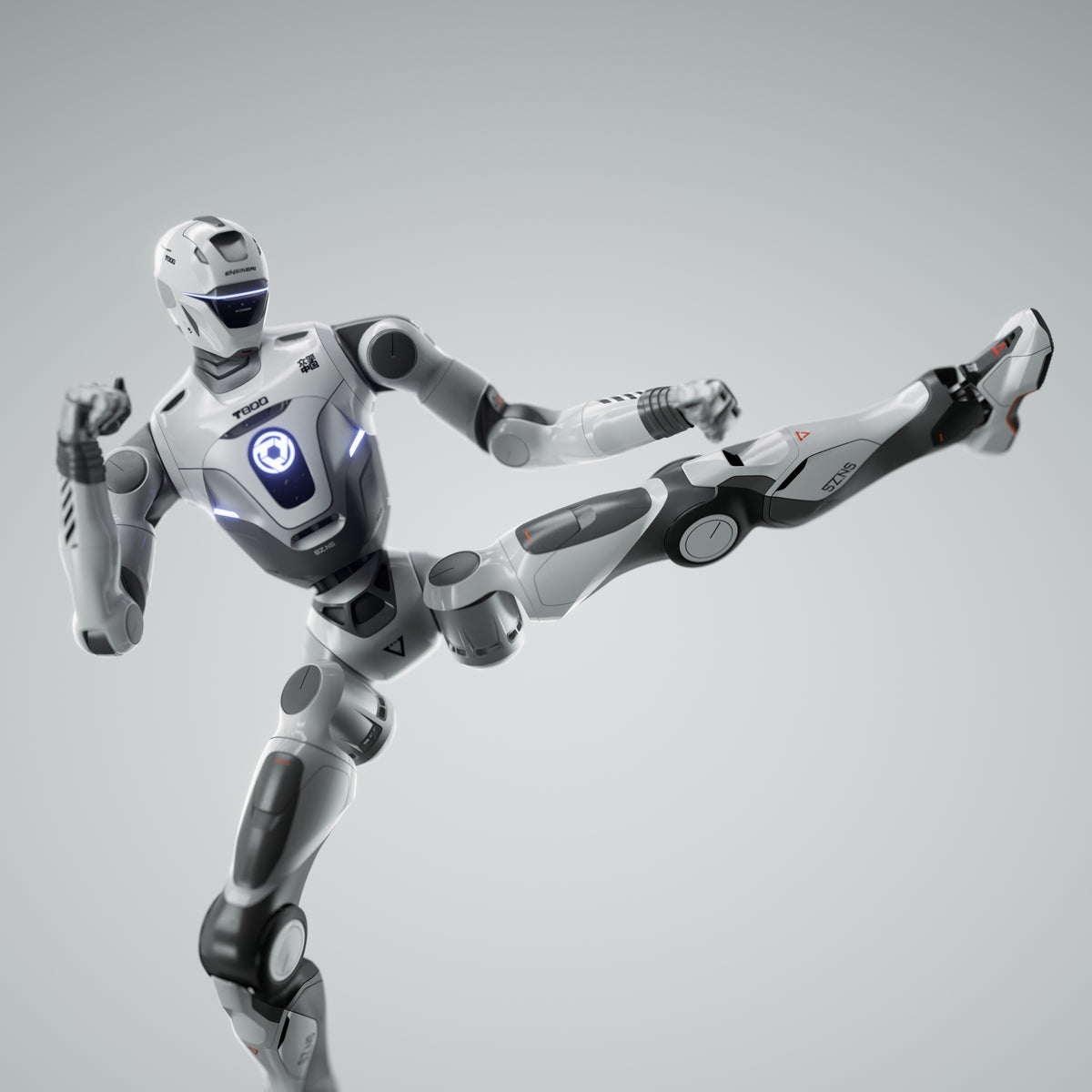 EngineAI T800 Basic humanoid robot performing a flying kick