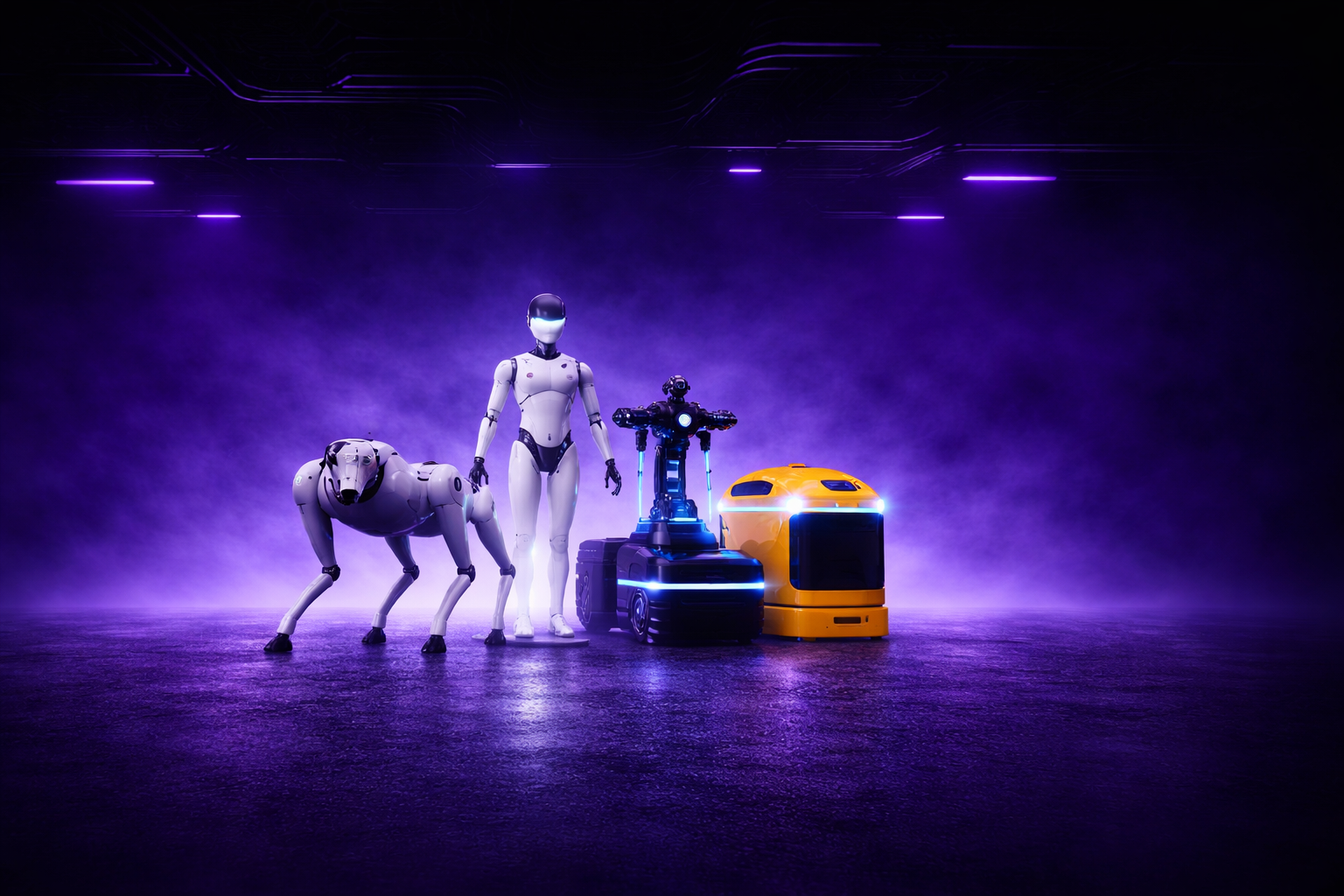 Three robots on a dark stage with purple lighting