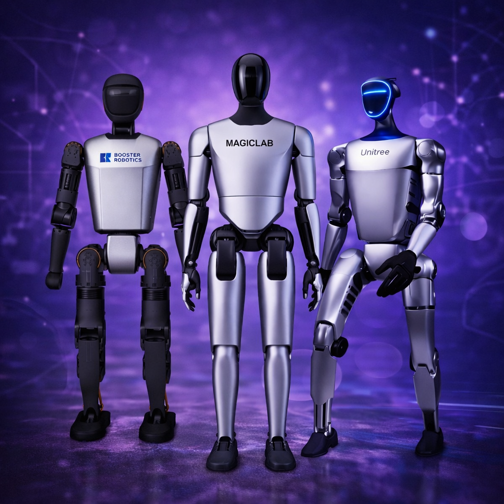 Three robots from different companies on a futuristic background